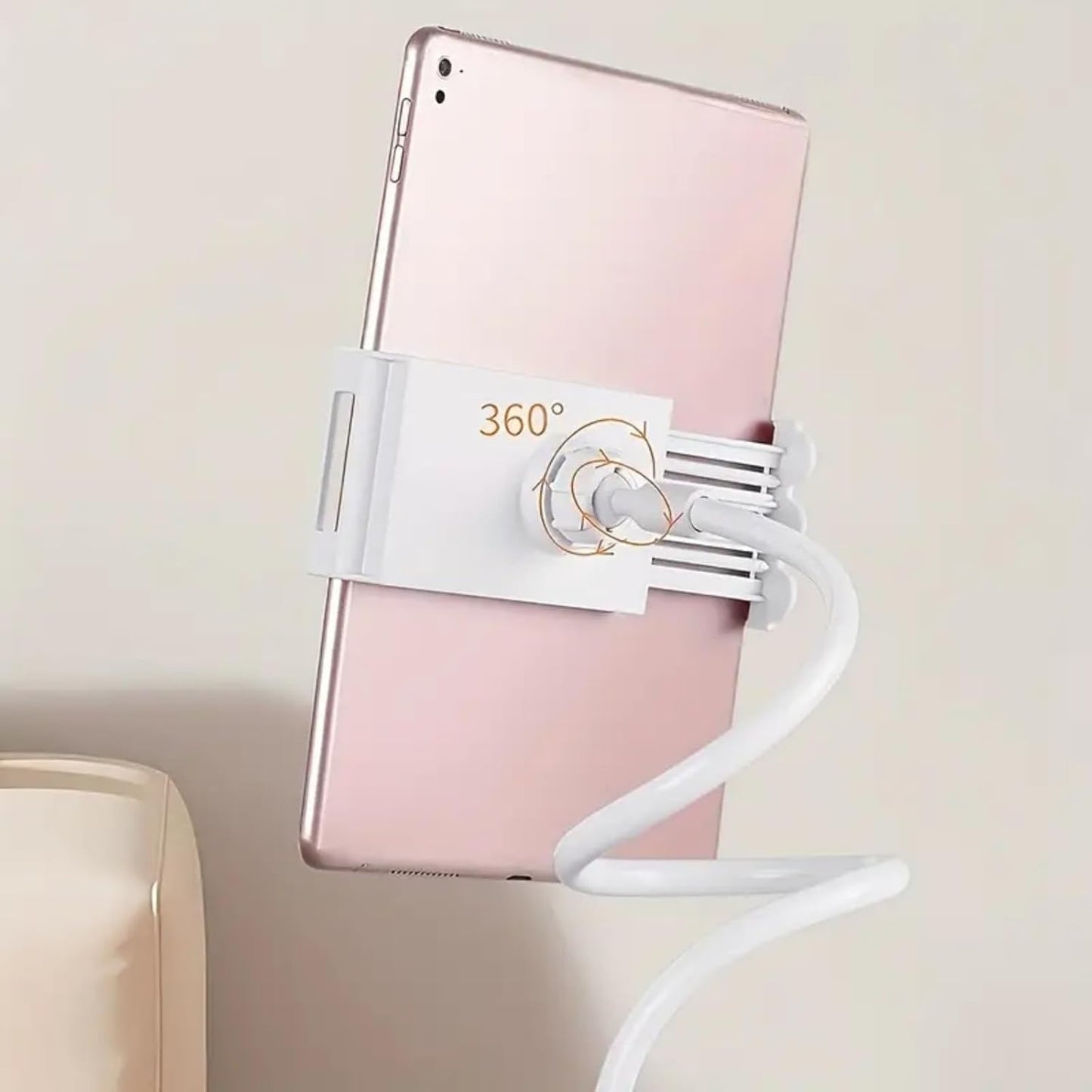 Gooseneck Tablet Holder for Bed and Desk, 360° Adjustable Overhead Mount with Clamp for Phone, Pad, Ereader, Recording, Reading, Filming – Lazy Arm Stand for 7.9"–10" Devices (White)