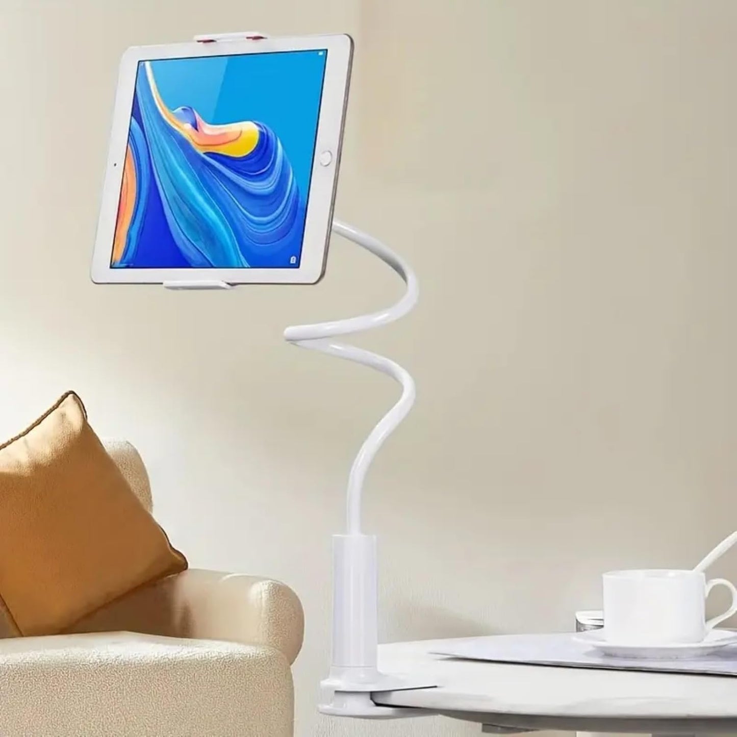 Gooseneck Tablet Holder for Bed and Desk, 360° Adjustable Overhead Mount with Clamp for Phone, Pad, Ereader, Recording, Reading, Filming – Lazy Arm Stand for 7.9"–10" Devices (White)