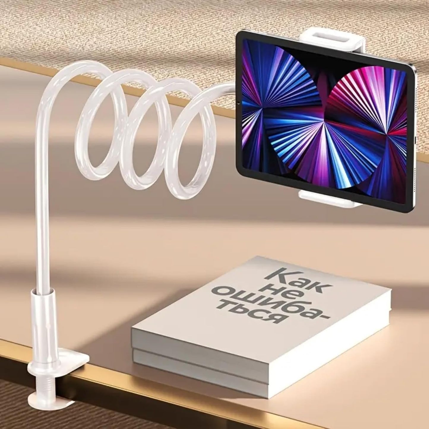 Gooseneck Tablet Holder for Bed and Desk, 360° Adjustable Overhead Mount with Clamp for Phone, Pad, Ereader, Recording, Reading, Filming – Lazy Arm Stand for 7.9"–10" Devices (White)