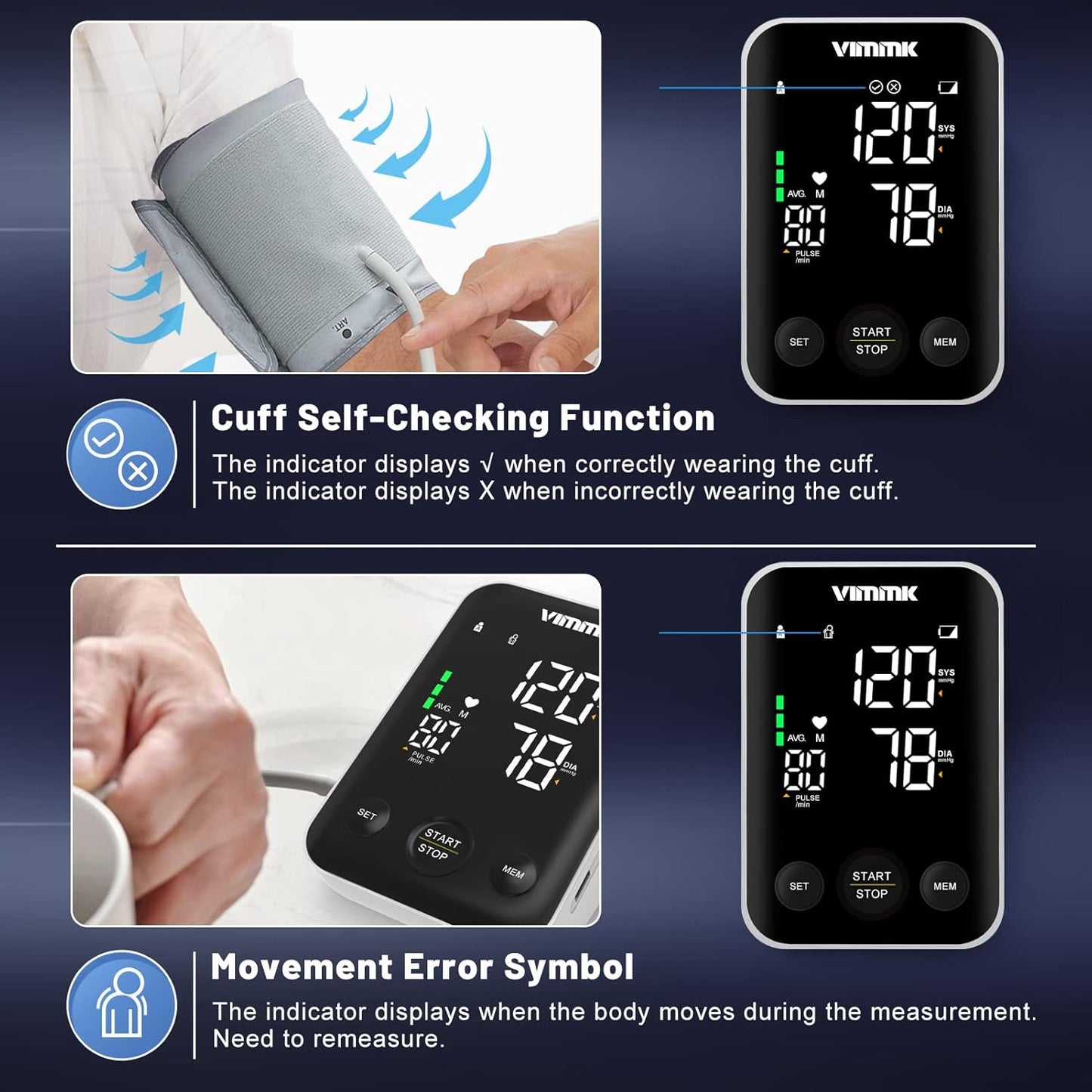 Blood Pressure Monitor Large Cuff, Vimmk Upper Arm Blood Pressure Machines for Home Use Accurate BP Cuff LED Backlight Display Heart Rate Detection 2x120 Records, Cuff 22-40cm